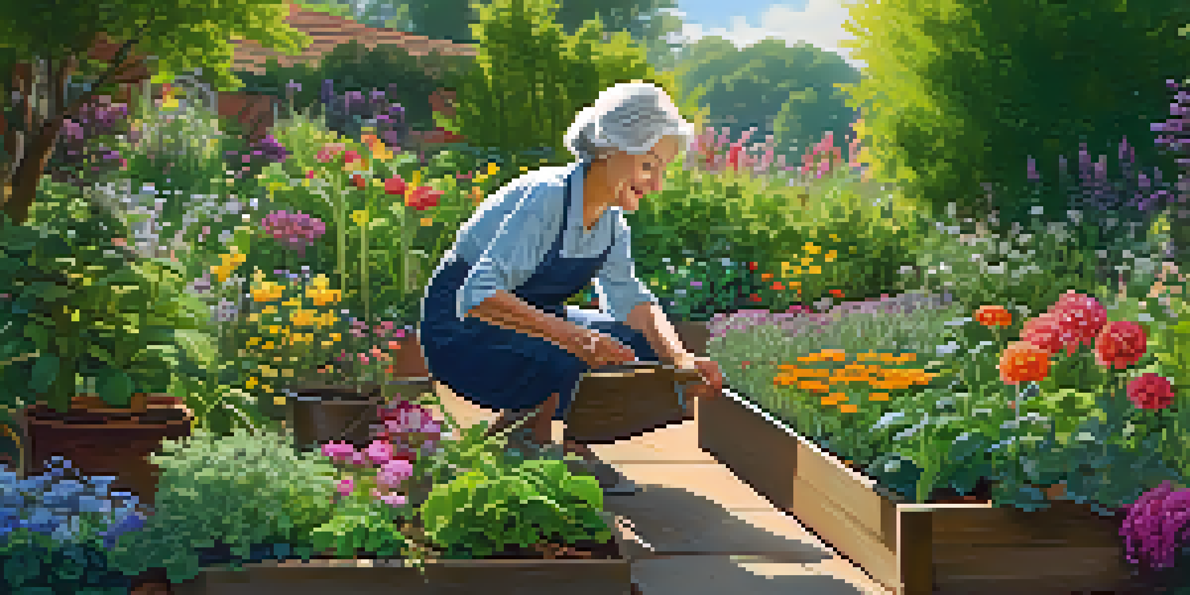 A senior woman kneeling by a raised garden bed filled with herbs and flowers, smiling in a sunlit garden.
