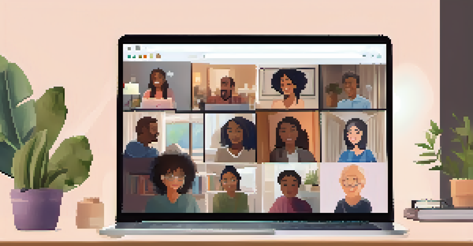 An online support group meeting on a laptop, featuring diverse participants in a comfortable setting, engaged and supportive towards each other.