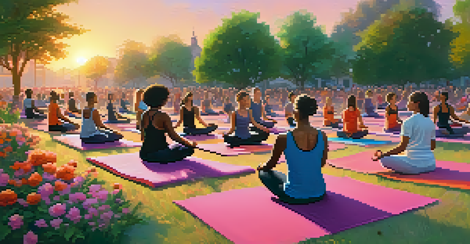 A diverse group of people practicing yoga outdoors during a colorful sunset.