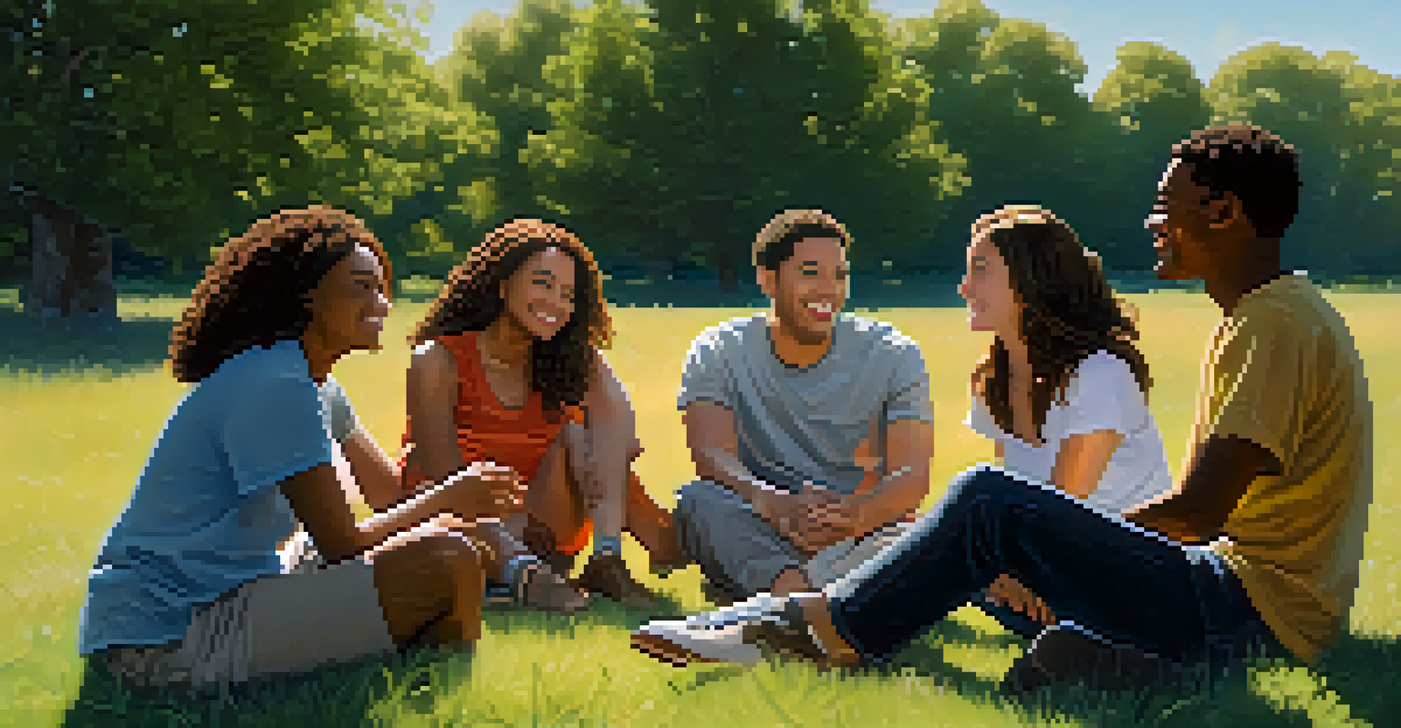 A diverse group of friends sitting in a circle on a grassy field, engaged in a supportive discussion under a clear blue sky.