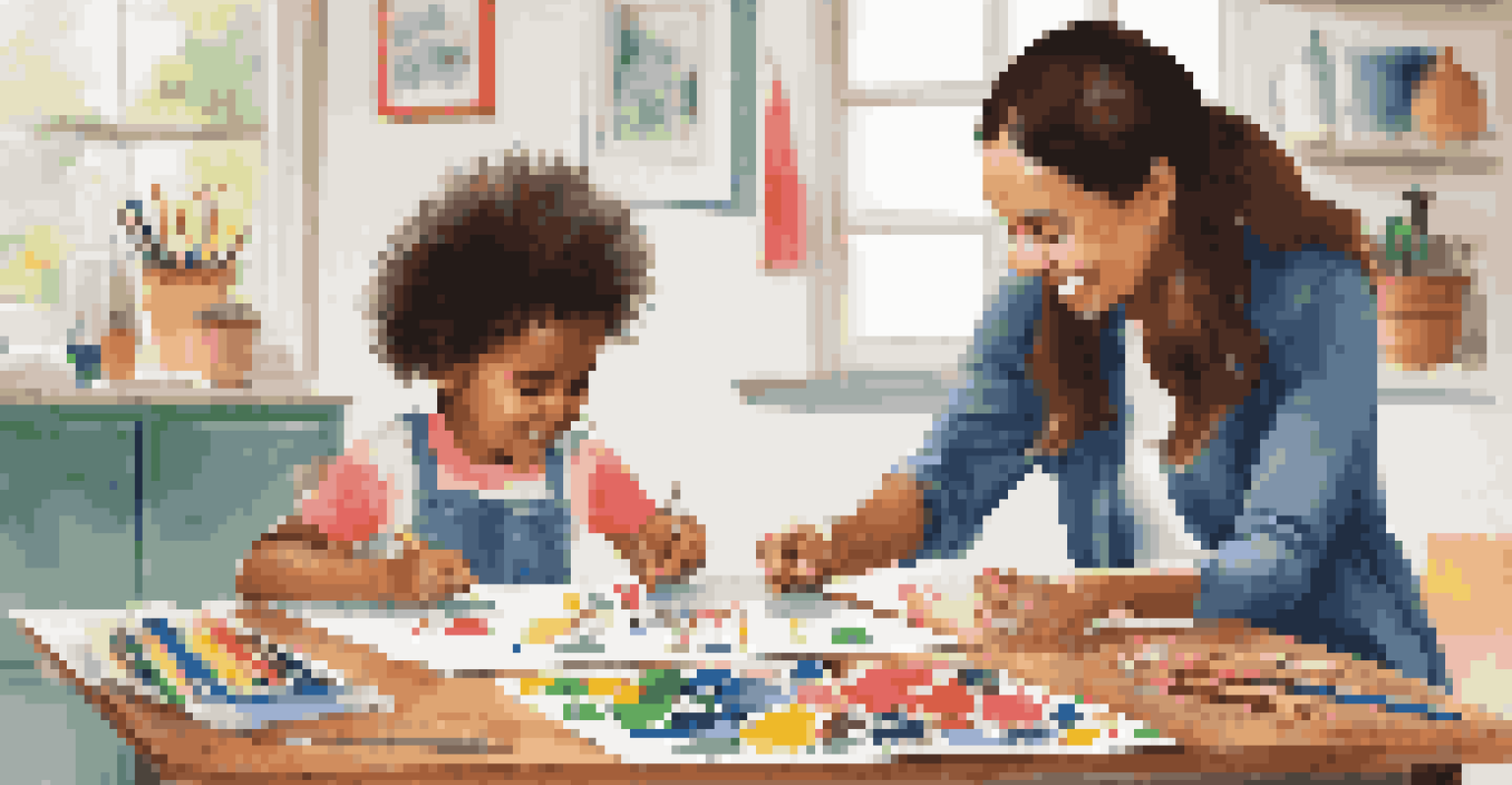 A parent and child working together on an arts and crafts project at a table filled with colorful materials.