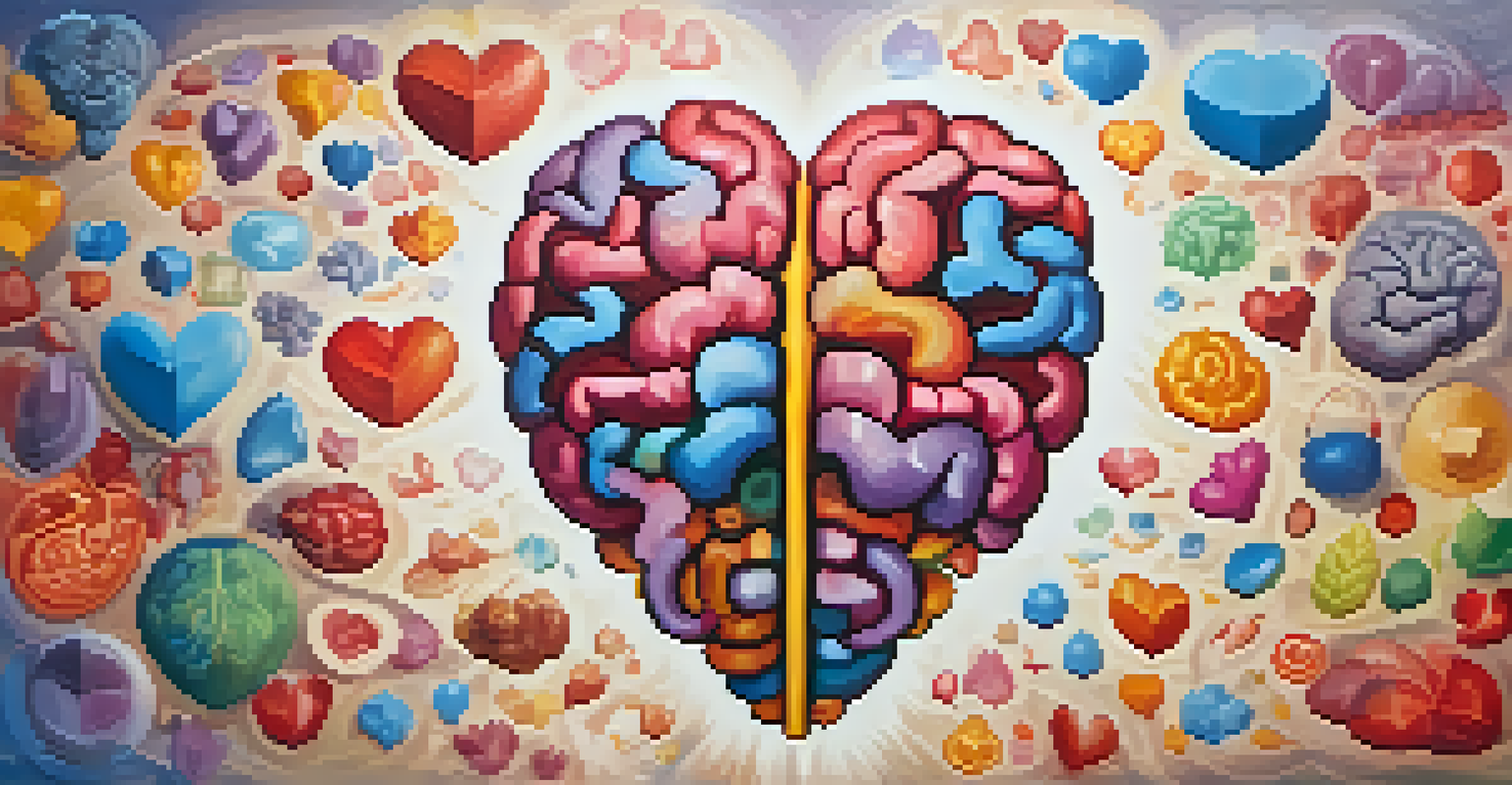 A colorful illustration of a brain and heart intertwined, representing the mind-body connection with icons of health around them.