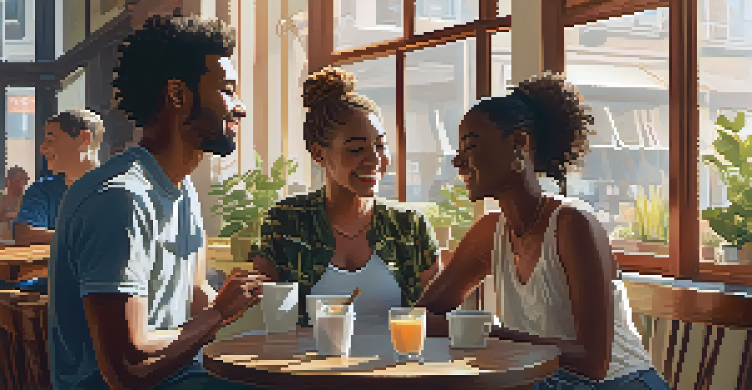 A diverse group of friends in a café discussing mental health, with warm sunlight and a cozy atmosphere.