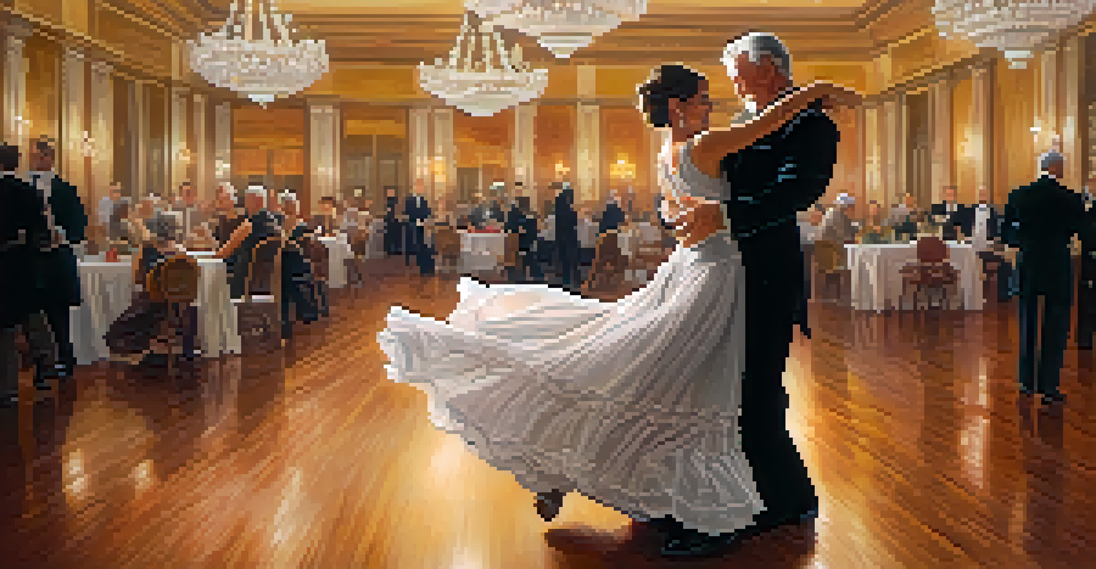 A senior couple gracefully waltzing in a beautifully decorated ballroom, surrounded by soft lighting and elegant decorations.