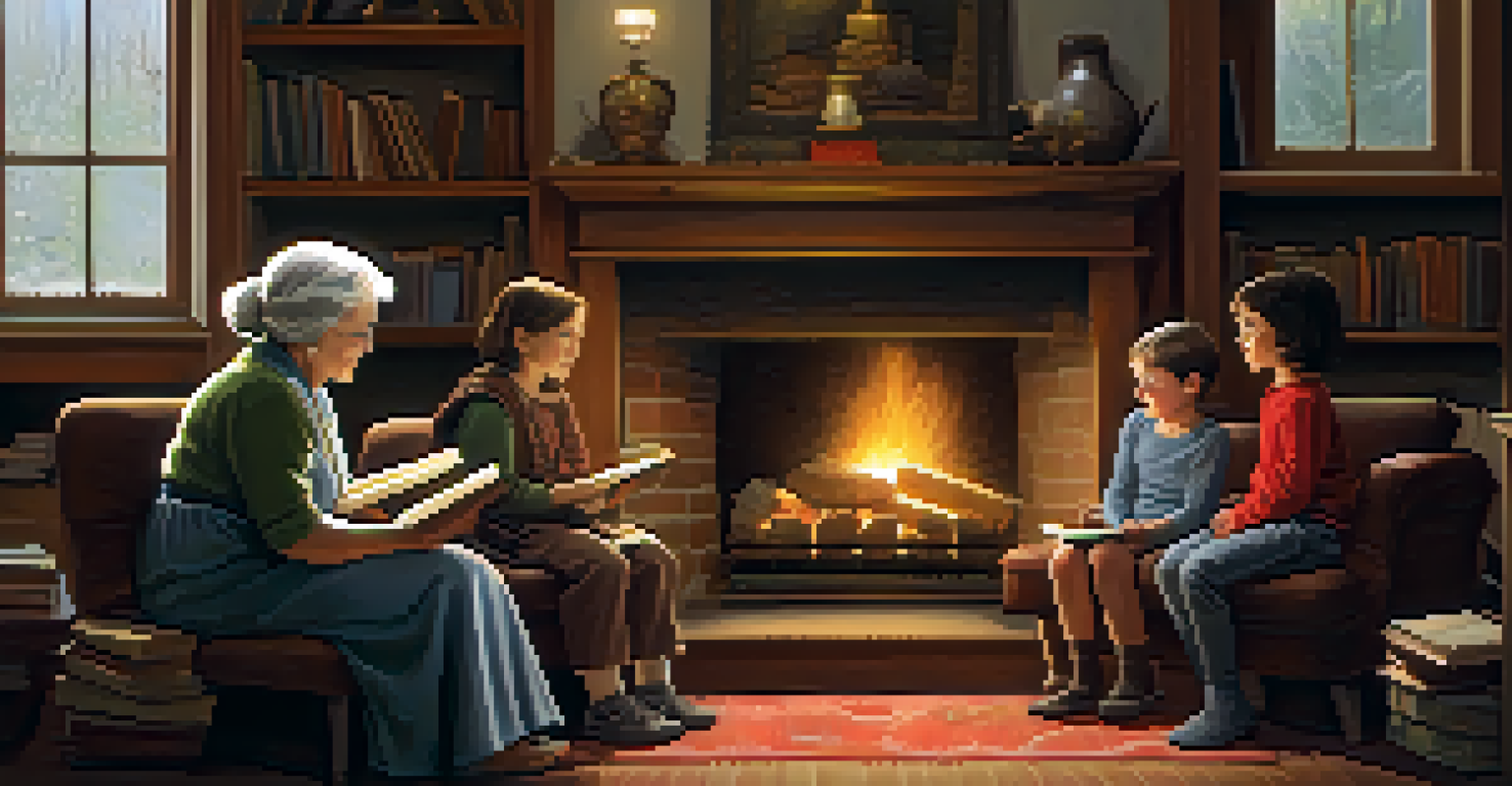 A grandmother sharing stories with her grandchildren by a fireplace, creating a warm and inviting atmosphere.