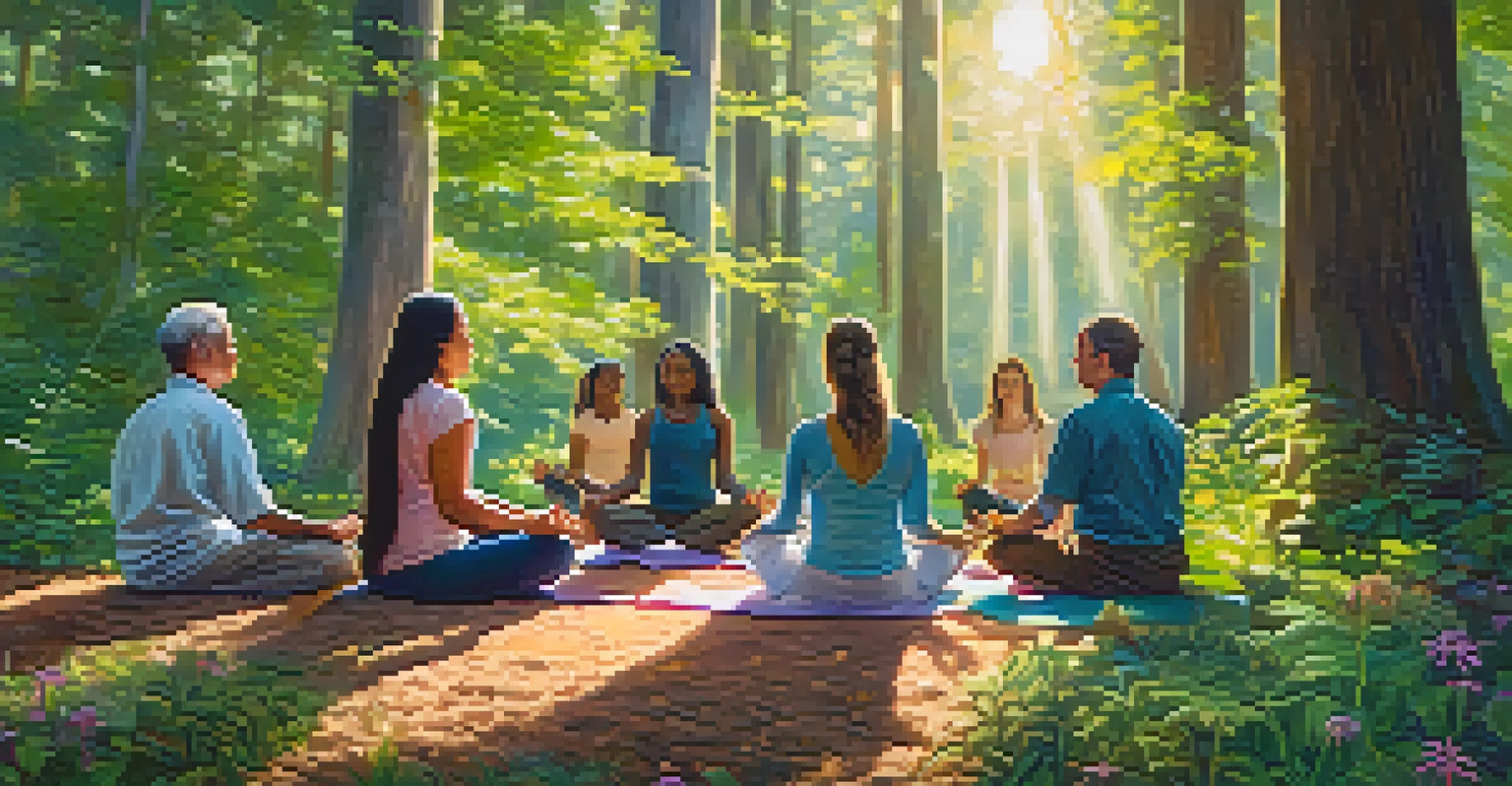 A diverse group of people meditating in a sunlit forest, surrounded by greenery and wildflowers.