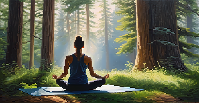 A person meditating in a forest surrounded by cedar trees, creating a calming atmosphere.