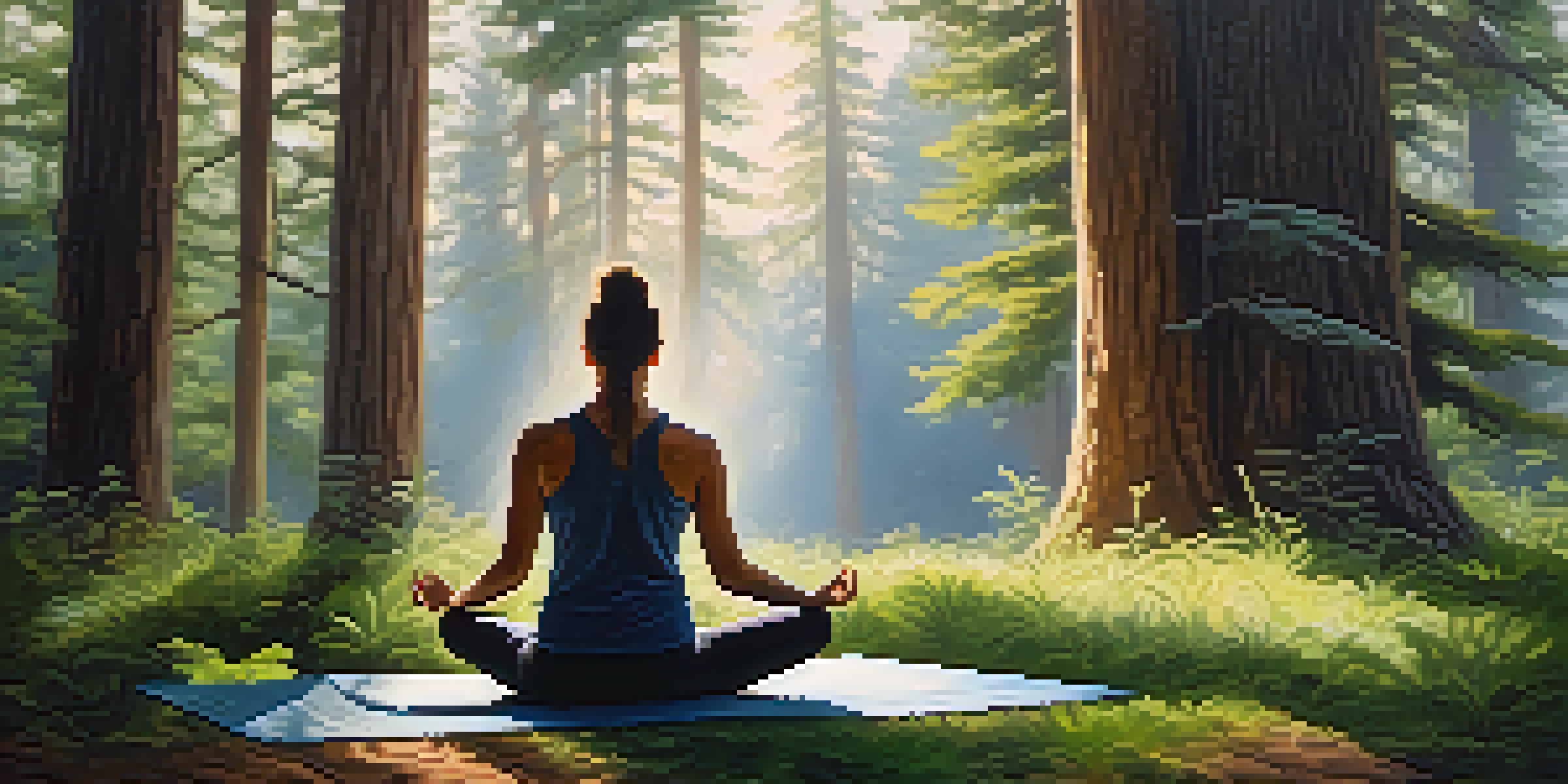 A person meditating in a forest surrounded by cedar trees, creating a calming atmosphere.
