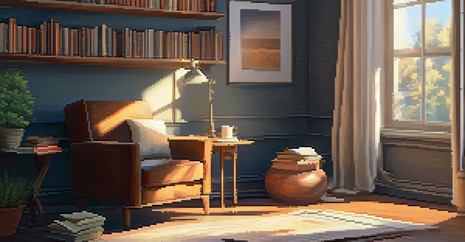 A cozy workspace with an armchair, a cup of tea, and a stack of books, illuminated by sunlight.