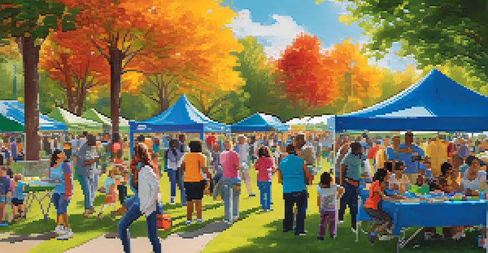 A lively community health fair in a park, featuring diverse people engaging in fitness classes, visiting colorful booths, and enjoying the sunny day.