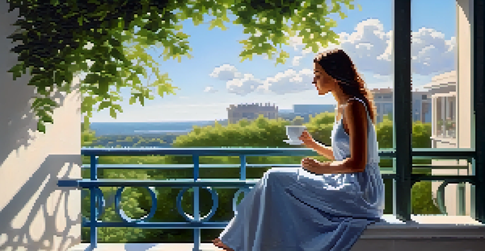 A woman drinking coffee on a balcony, practicing mindfulness with greenery around her and a cityscape in the background.