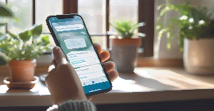 A person engaging with a health app on their smartphone in a cozy room with natural light and plants.