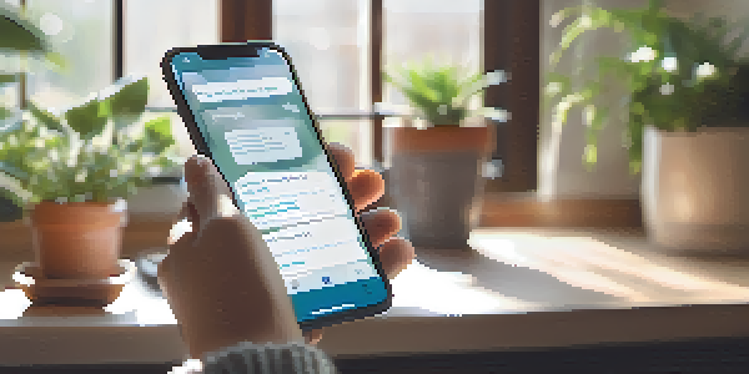 A person engaging with a health app on their smartphone in a cozy room with natural light and plants.