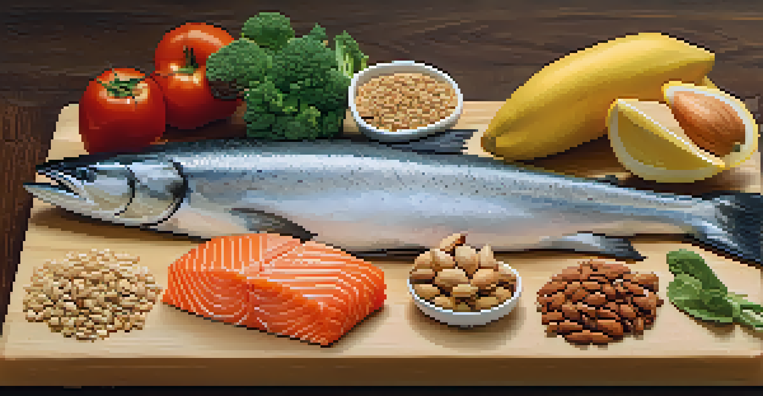 An array of heart-healthy foods including salmon, nuts, whole grains, and fresh fruits and vegetables arranged on a wooden cutting board, illuminated by soft lighting.