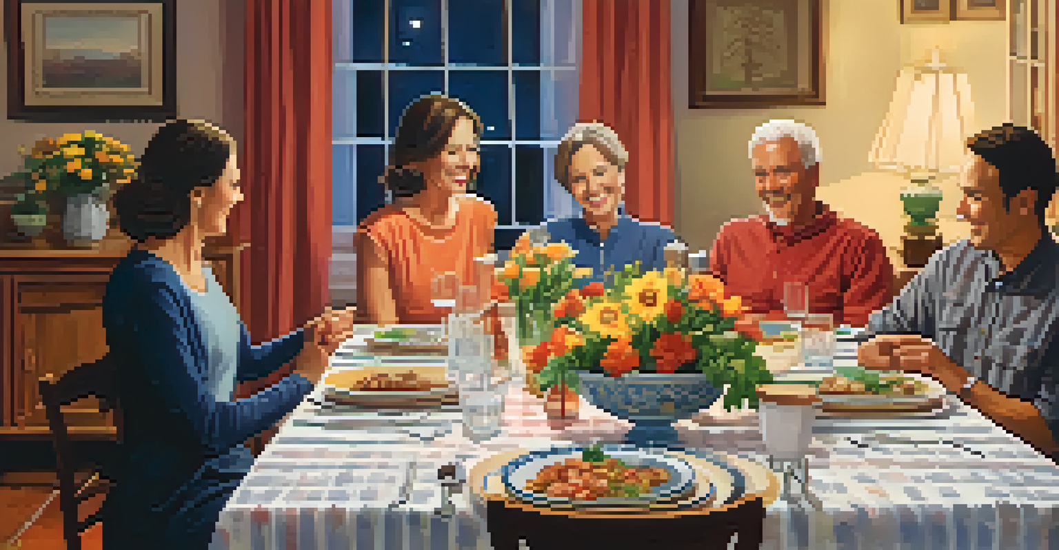 A family enjoying dinner together at a beautifully set table filled with food and flowers.