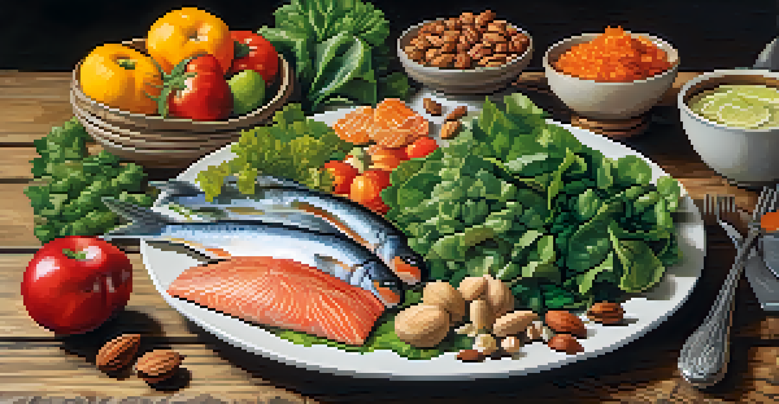 A colorful plate of nutritious foods including greens, nuts, and fish on a rustic wooden table.