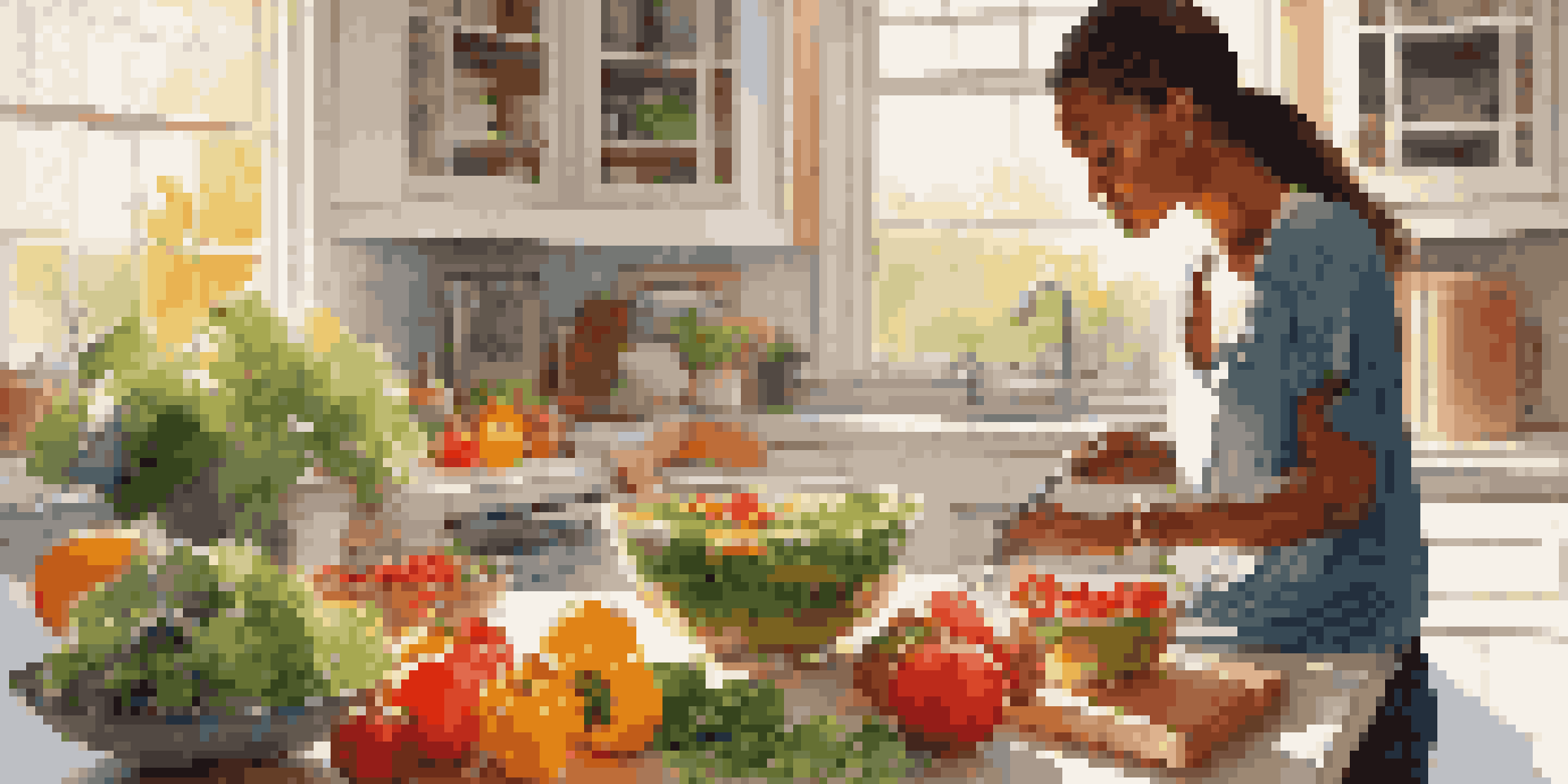 A focused athlete preparing a colorful, healthy meal in a sunlit kitchen, with fresh vegetables and fruits on the countertop.