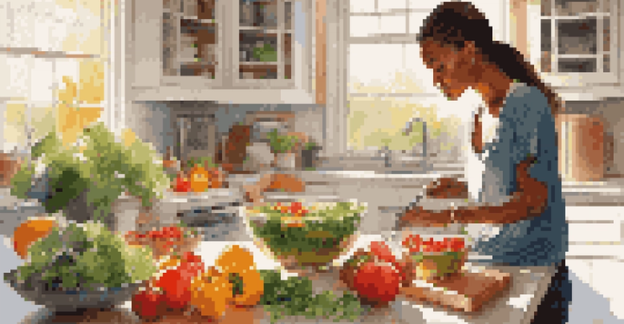 A focused athlete preparing a colorful, healthy meal in a sunlit kitchen, with fresh vegetables and fruits on the countertop.