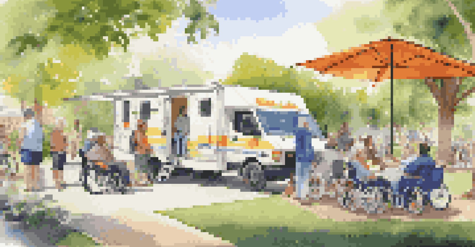 A mobile rehabilitation unit in a community park, with diverse individuals receiving therapy services outdoors in a sunny setting.