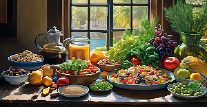 A colorful Mediterranean meal on a wooden table, showcasing fruits, vegetables, grains, and healthy fats.