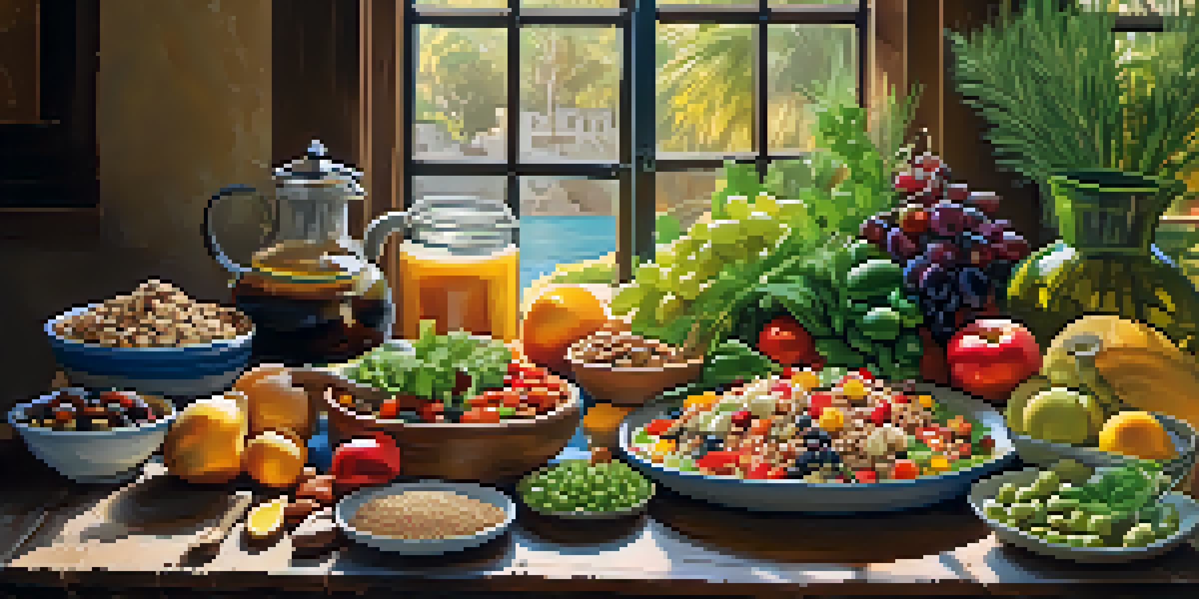 A colorful Mediterranean meal on a wooden table, showcasing fruits, vegetables, grains, and healthy fats.
