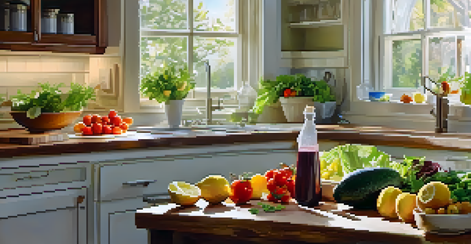 A sunlit kitchen with fresh fruits and vegetables, highlighting a colorful salad and a glass of water with lemon slices.
