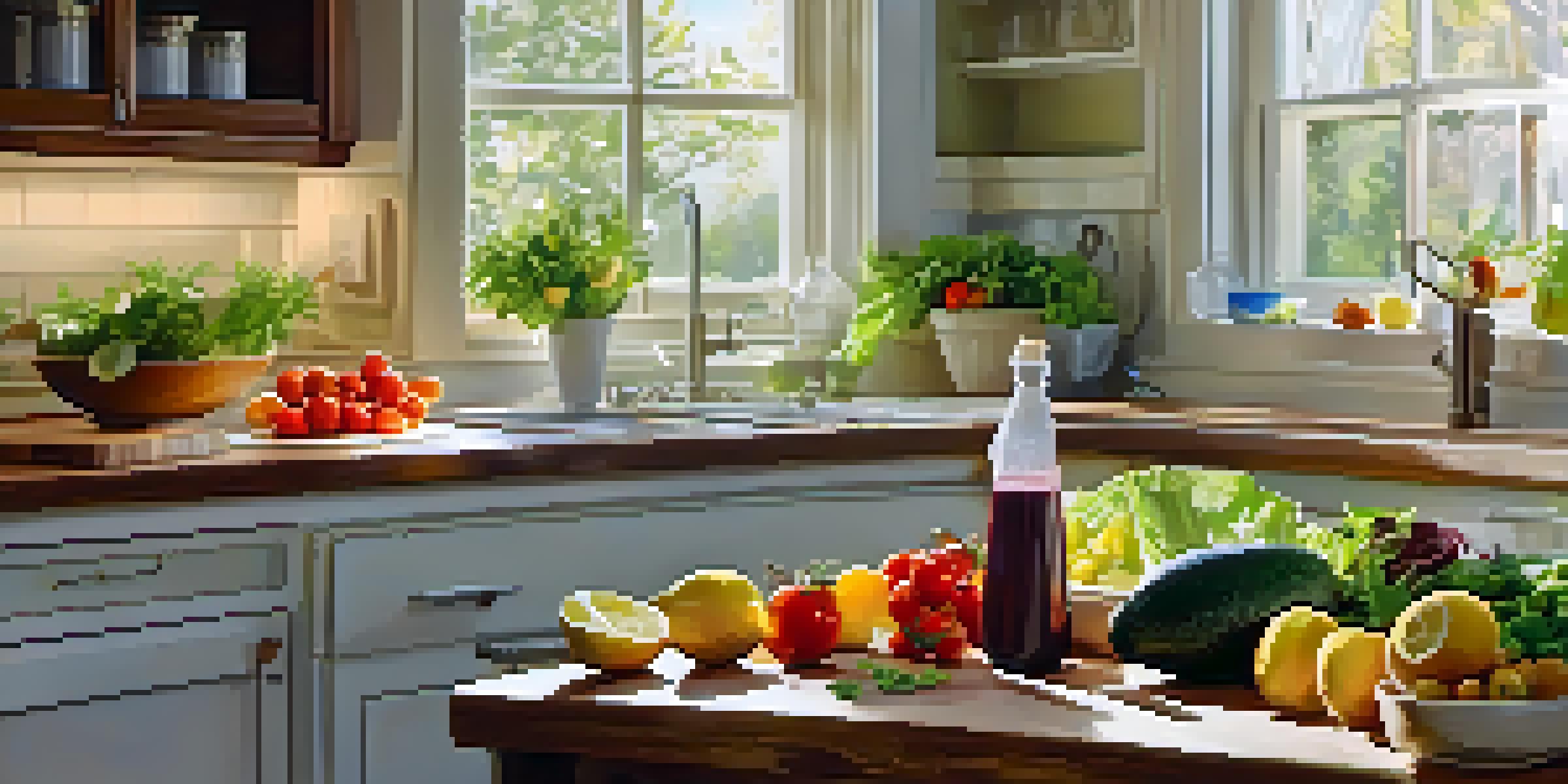 A sunlit kitchen with fresh fruits and vegetables, highlighting a colorful salad and a glass of water with lemon slices.