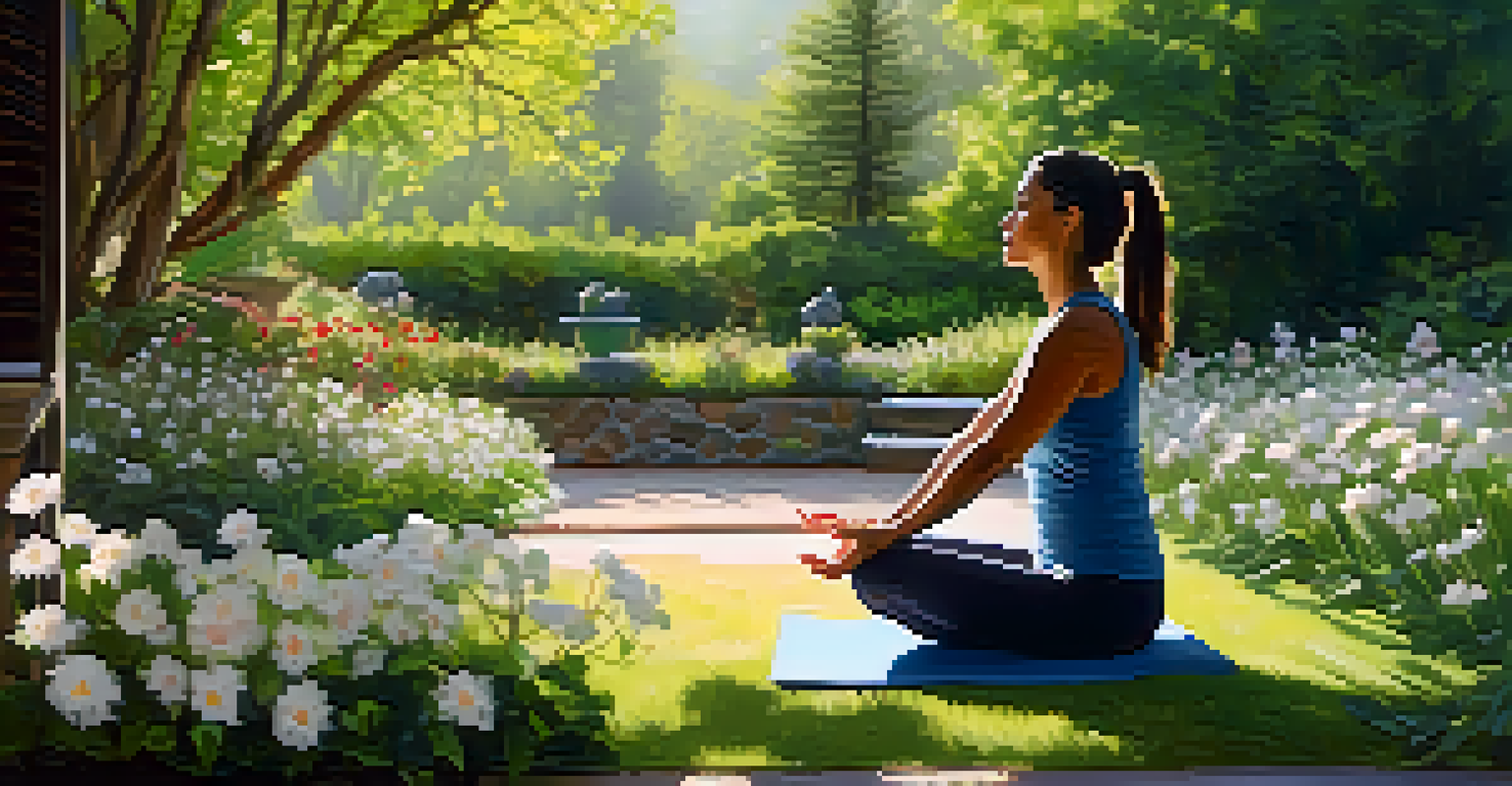 A person practicing yoga in a peaceful garden with blooming flowers and soft sunlight.
