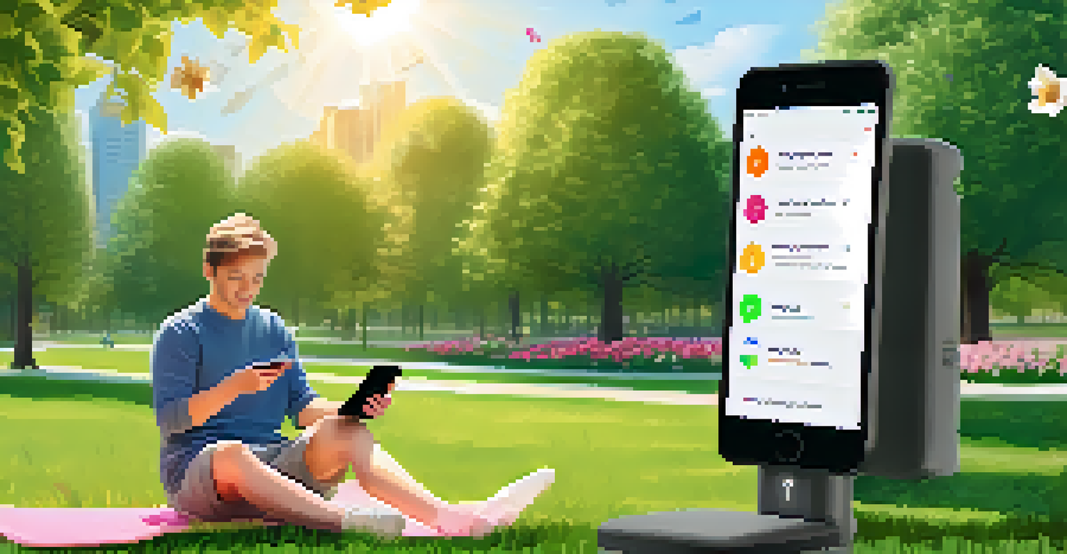 A person in a park using a mobile health app on their smartphone, with flowers and trees in the background.