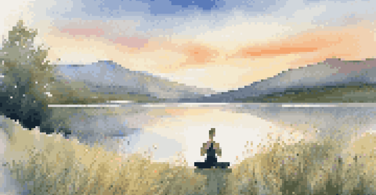 A person practicing yoga at sunrise by a tranquil lake, surrounded by nature.