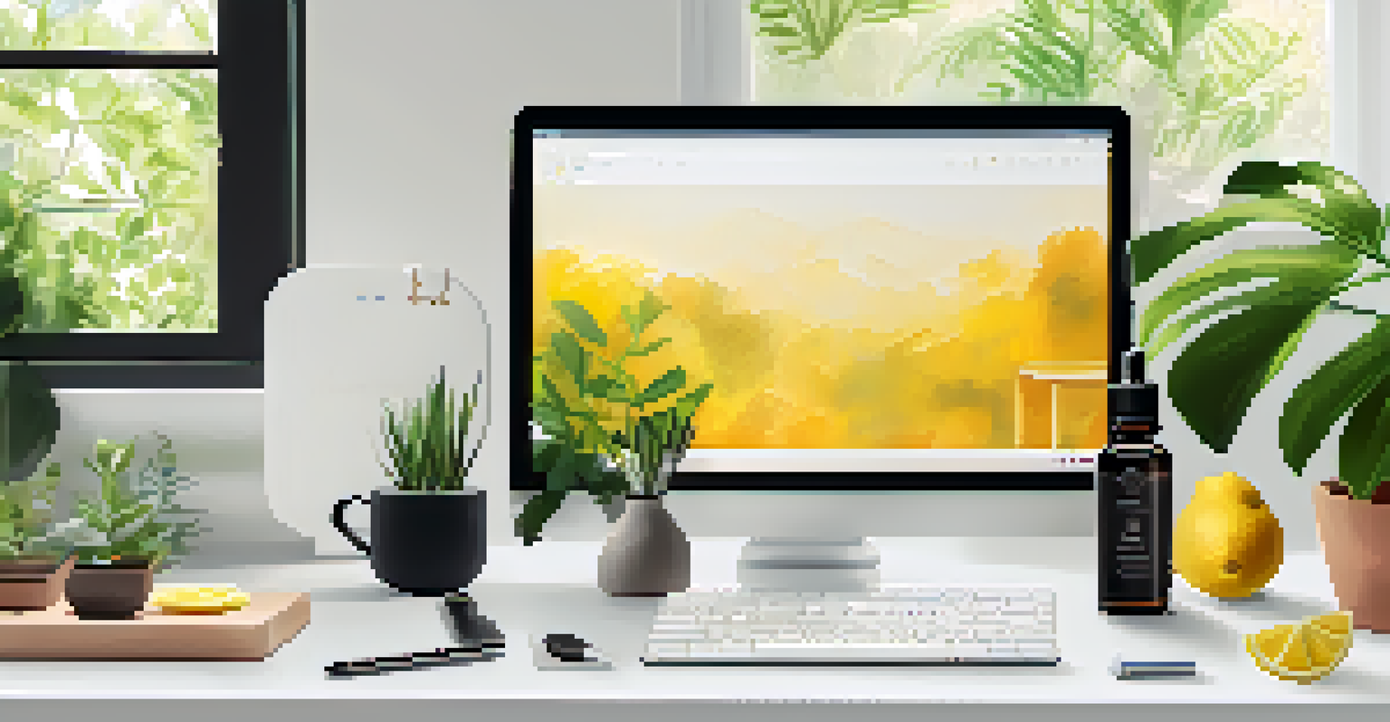 A bright and organized workspace with an essential oil diffuser, plants, and a laptop, promoting a calming and productive environment.