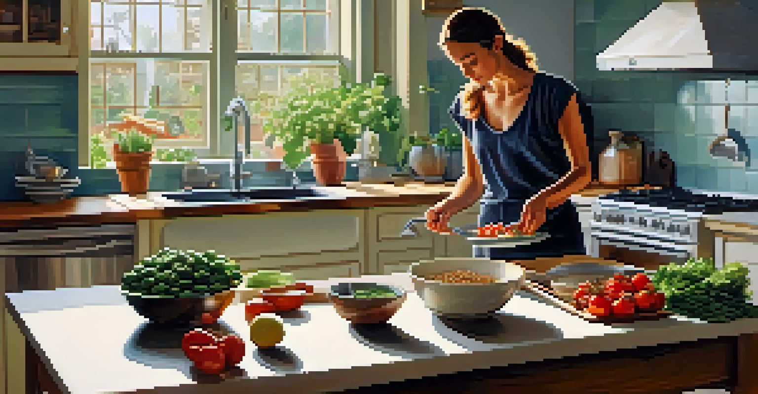 A person in a kitchen preparing a heart-healthy meal with fresh vegetables, nuts, and fish, illuminated by soft morning light.