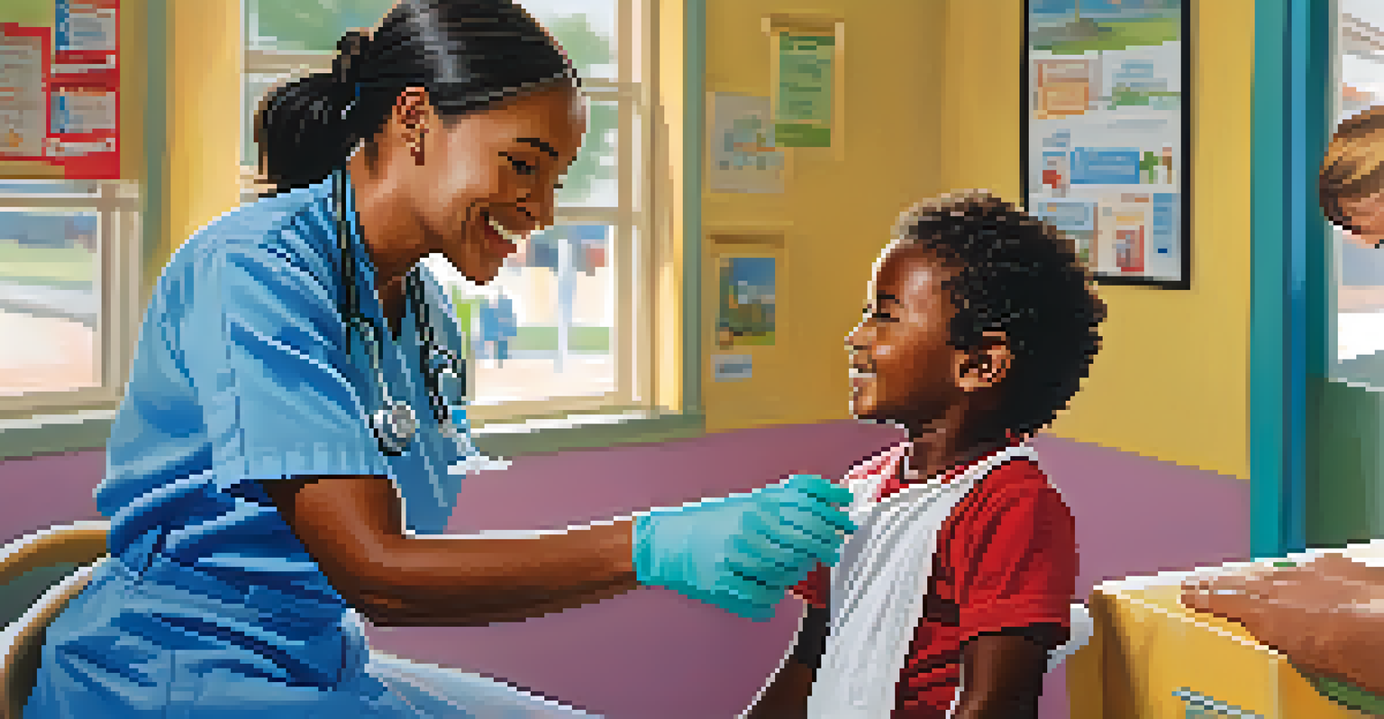 A healthcare worker giving a vaccination to a young child in a friendly community clinic setting.