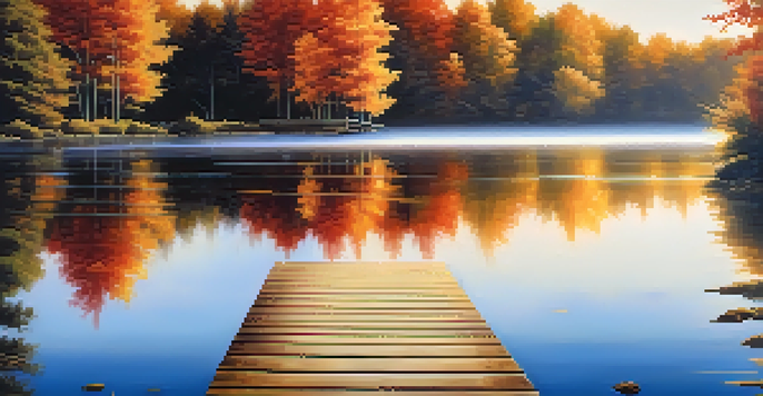 A tranquil lake scene with colorful autumn trees and a wooden dock, illuminated by soft golden sunlight.
