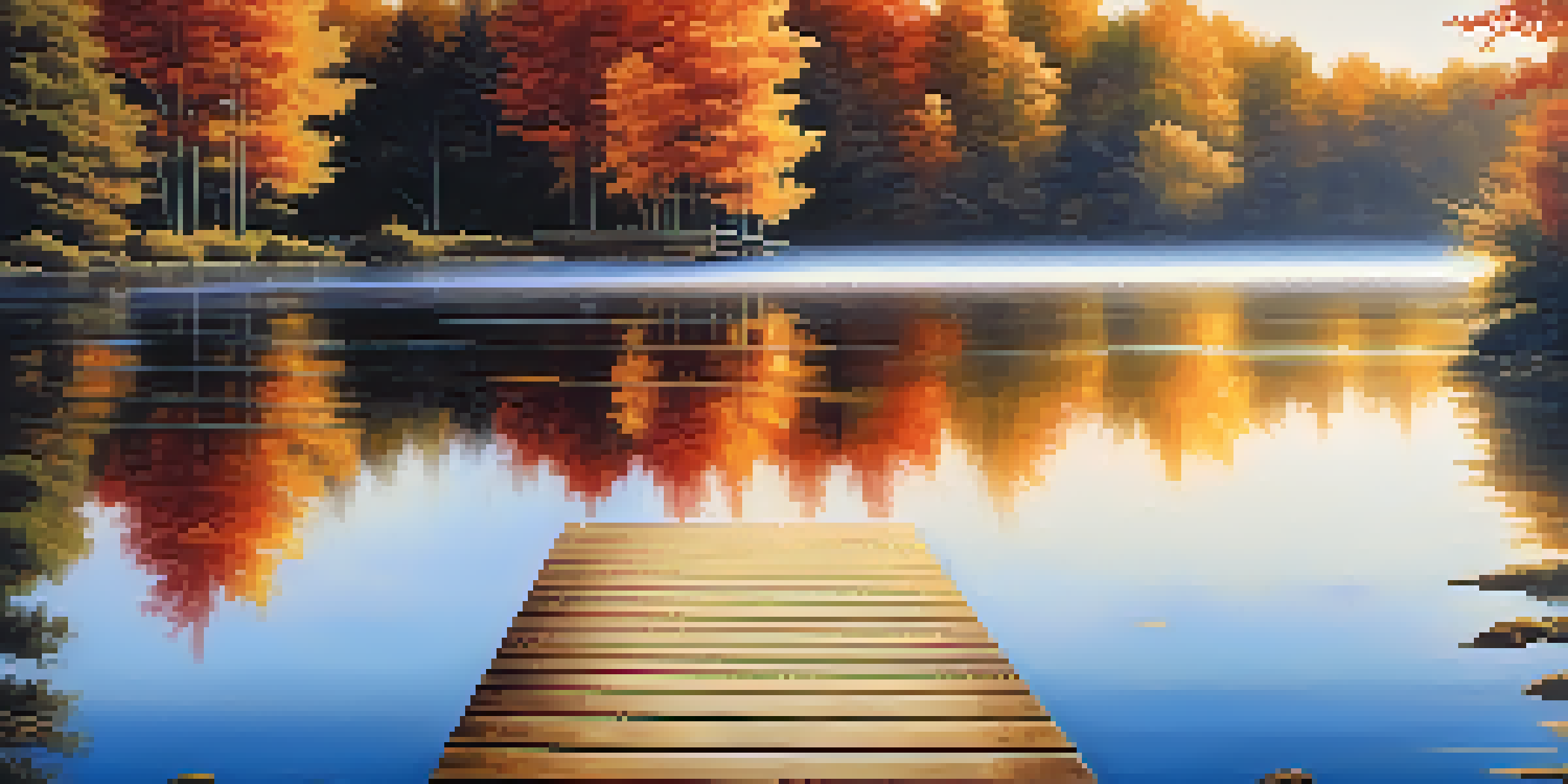 A tranquil lake scene with colorful autumn trees and a wooden dock, illuminated by soft golden sunlight.