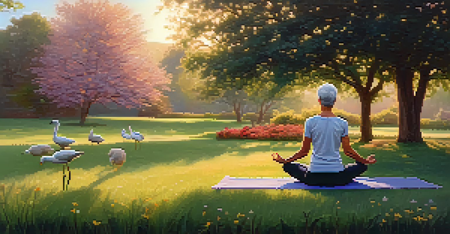 An older adult practicing yoga outdoors on a sunny morning in a peaceful natural setting.
