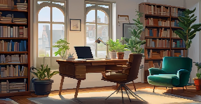A cozy study area with a wooden desk, an open book, a laptop, and a cup of tea, surrounded by bookshelves and a potted plant.