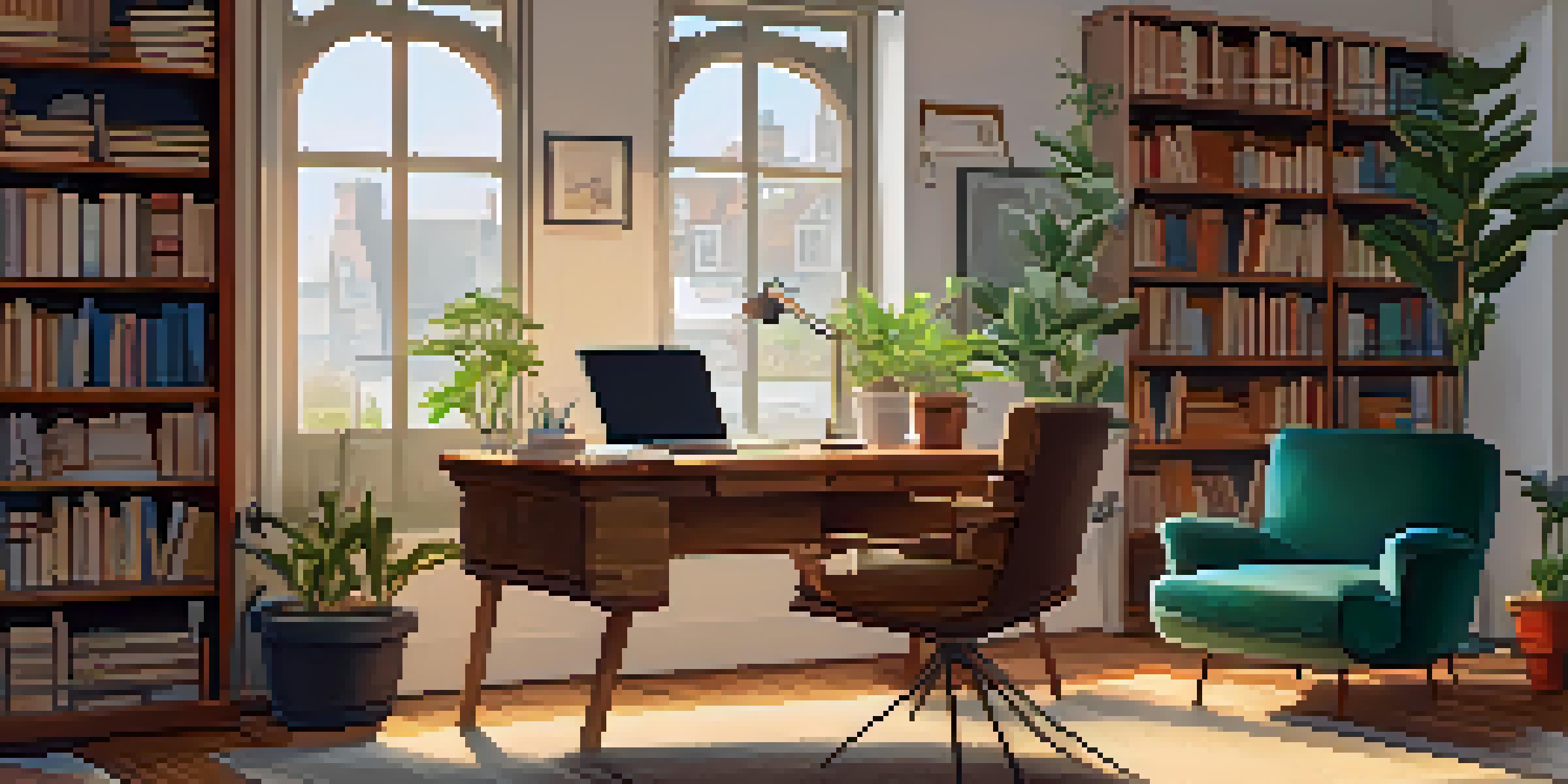 A cozy study area with a wooden desk, an open book, a laptop, and a cup of tea, surrounded by bookshelves and a potted plant.