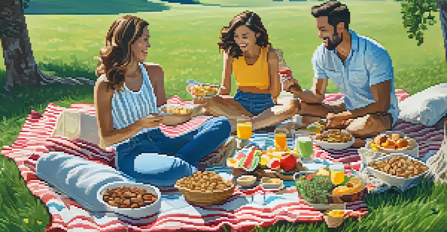 A picnic scene with a blanket on grass, showcasing healthy snacks and a group of friends enjoying their meal outdoors under a bright sky.