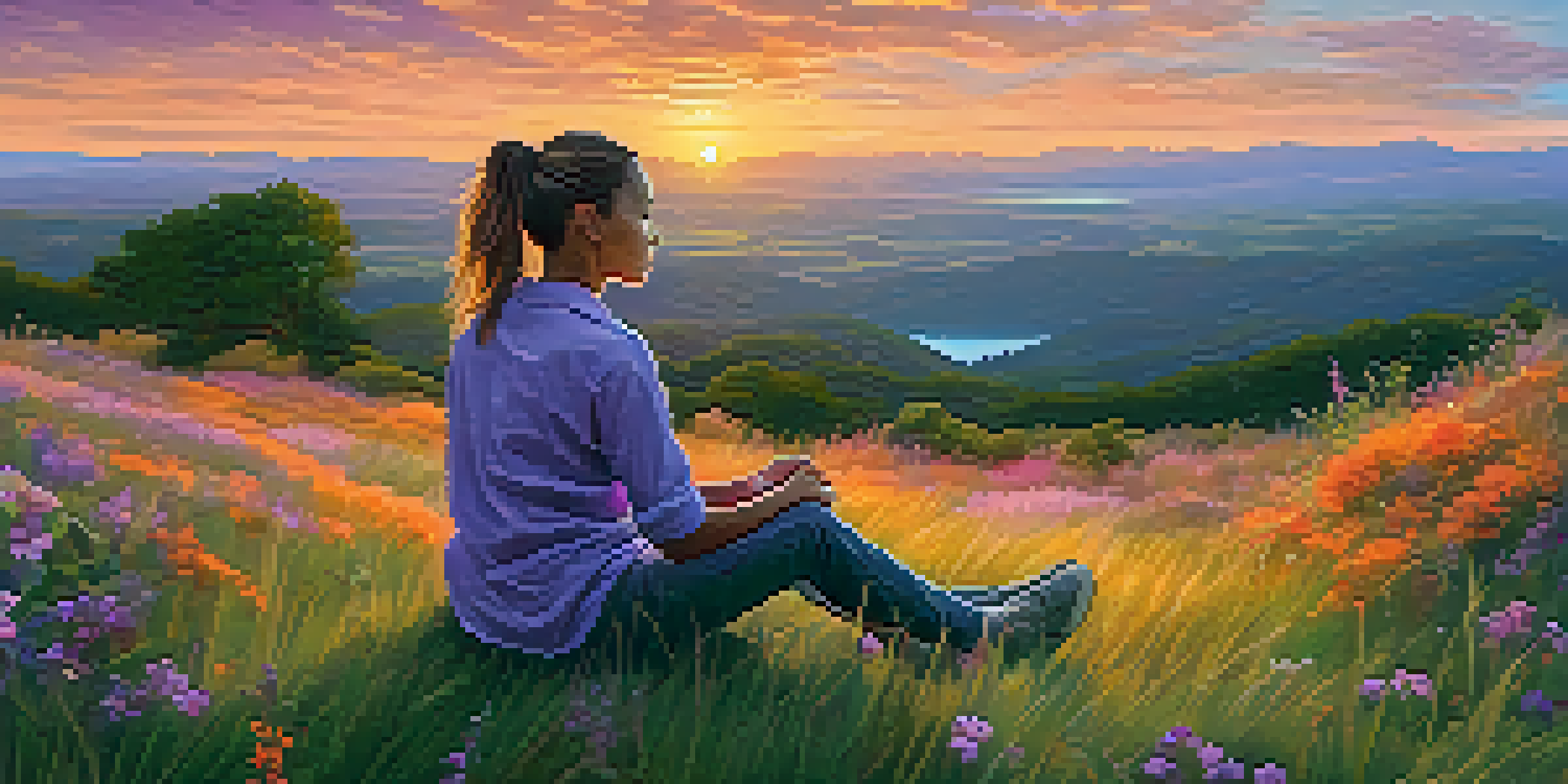 A person meditating on a hilltop during a colorful sunset, surrounded by flowers and grass.
