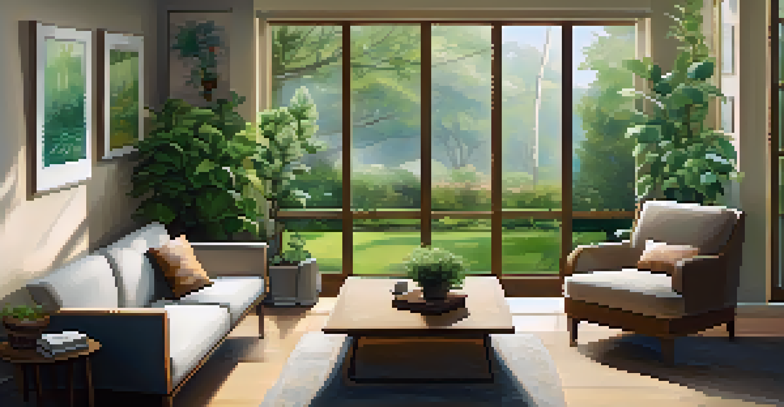 A cozy therapy room with a sofa, plants, and a view of a garden, promoting a sense of calm.
