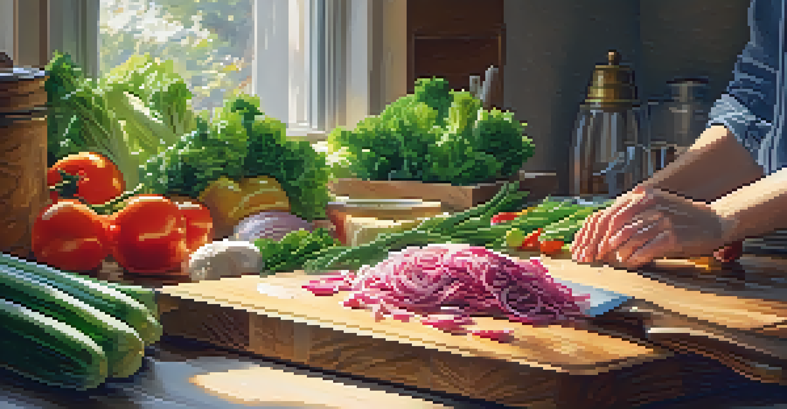 Close-up of hands chopping fresh vegetables on a wooden cutting board, with sunlight streaming through a kitchen window.
