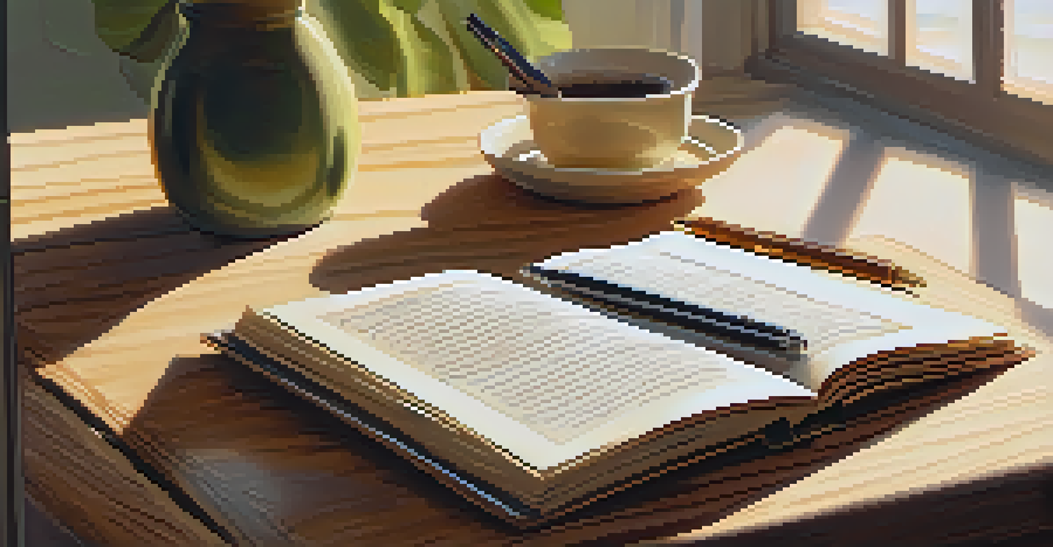 An open journal with handwritten notes about growth and resilience, placed on a wooden table with soft light filtering through a window.