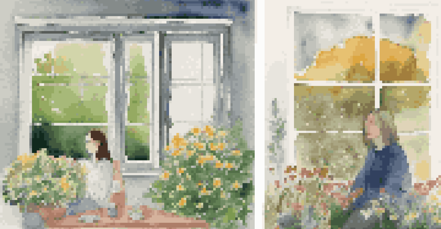 A split image: one side shows a woman sad on a gloomy day, and the other side shows her happy in a sunny park.