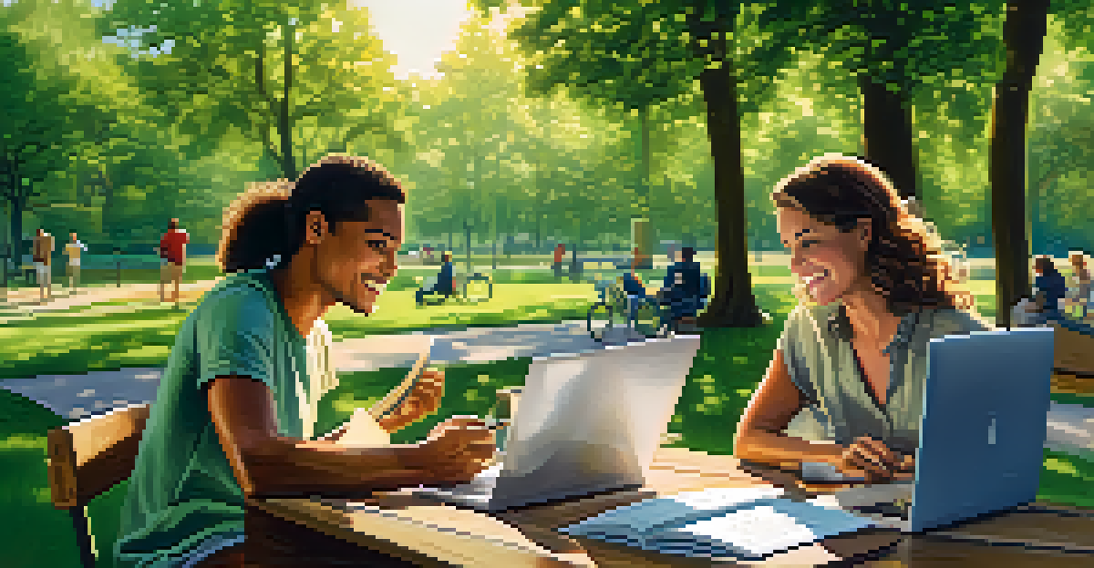 A couple reviewing finances at a picnic table in a park, with a laptop and notebook.