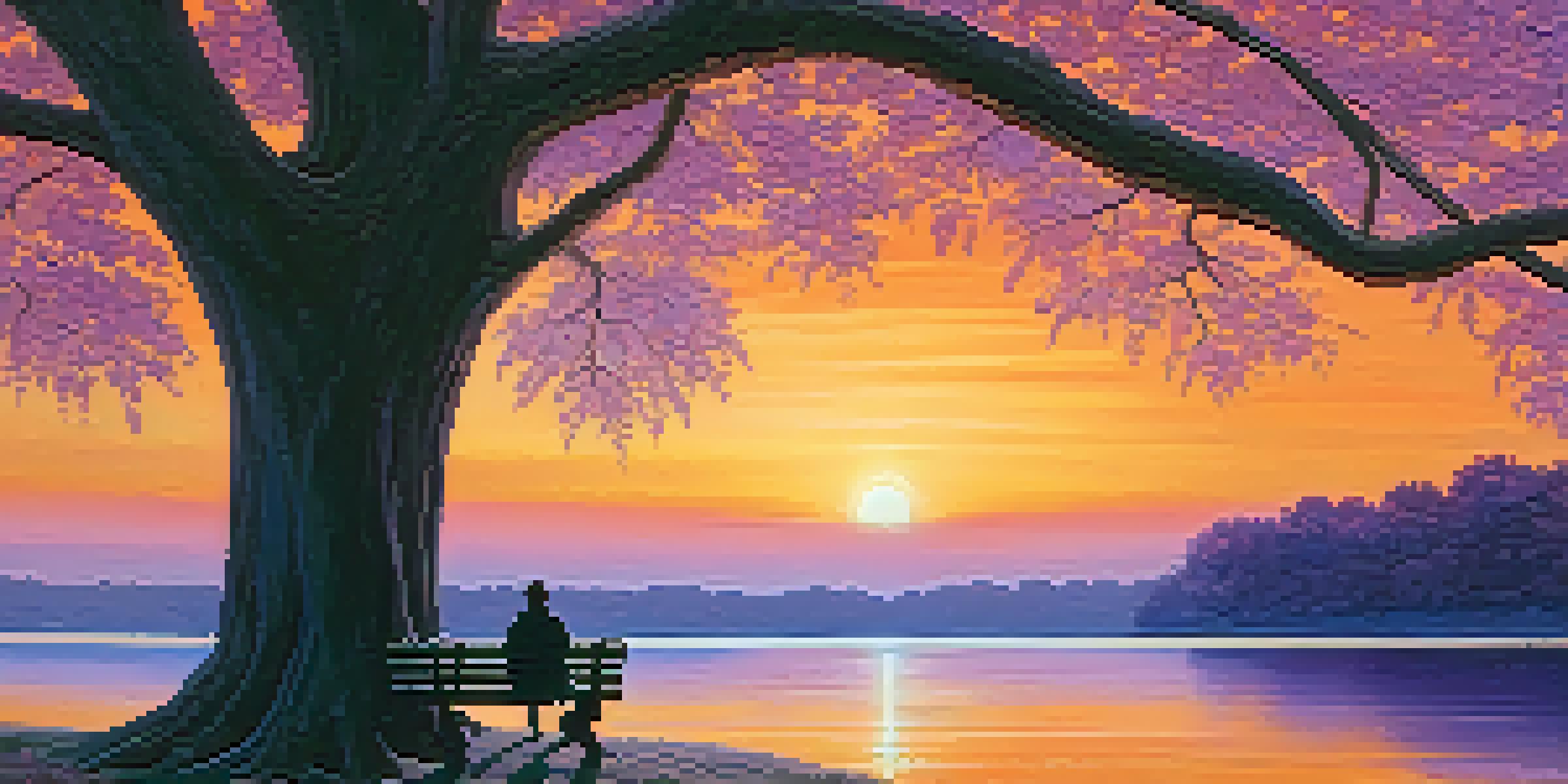 A person sitting on a bench under a tree by a lake, experiencing a beautiful sunset.