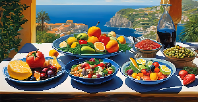 A colorful plate of Mediterranean food with fresh fruits, vegetables, and healthy fats set outdoors under a bright sky.