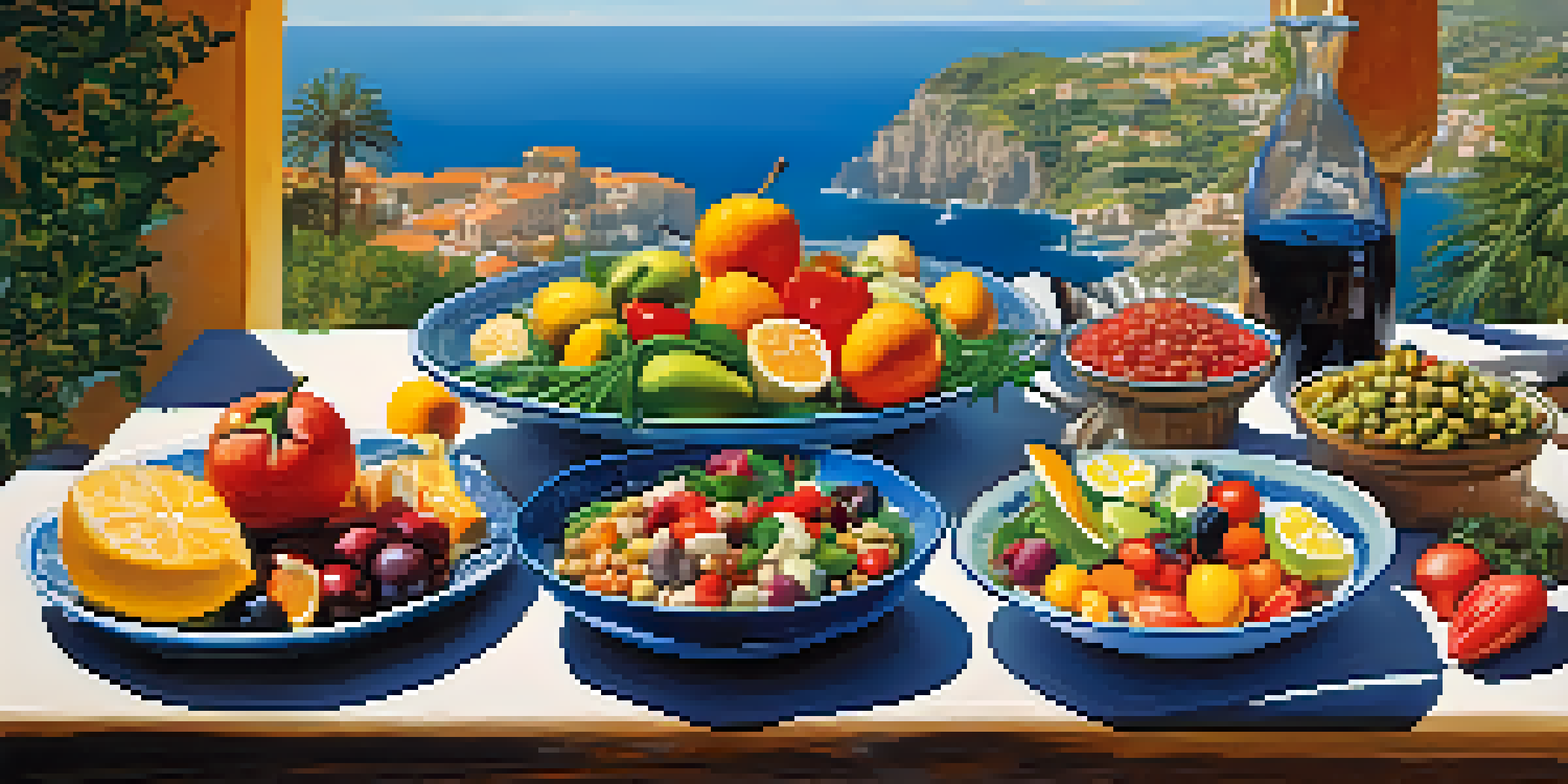 A colorful plate of Mediterranean food with fresh fruits, vegetables, and healthy fats set outdoors under a bright sky.