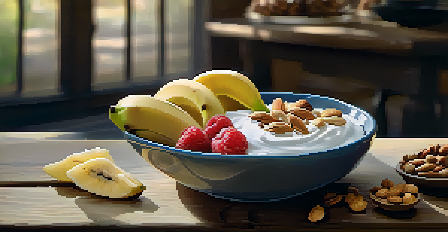 A close-up of a healthy snack including yogurt with fruit, mixed nuts, and banana slices on a wooden table.