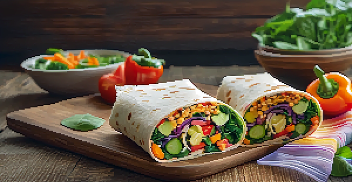 A colorful veggie wrap made with a whole-grain tortilla filled with various fresh vegetables, displayed on a wooden table.